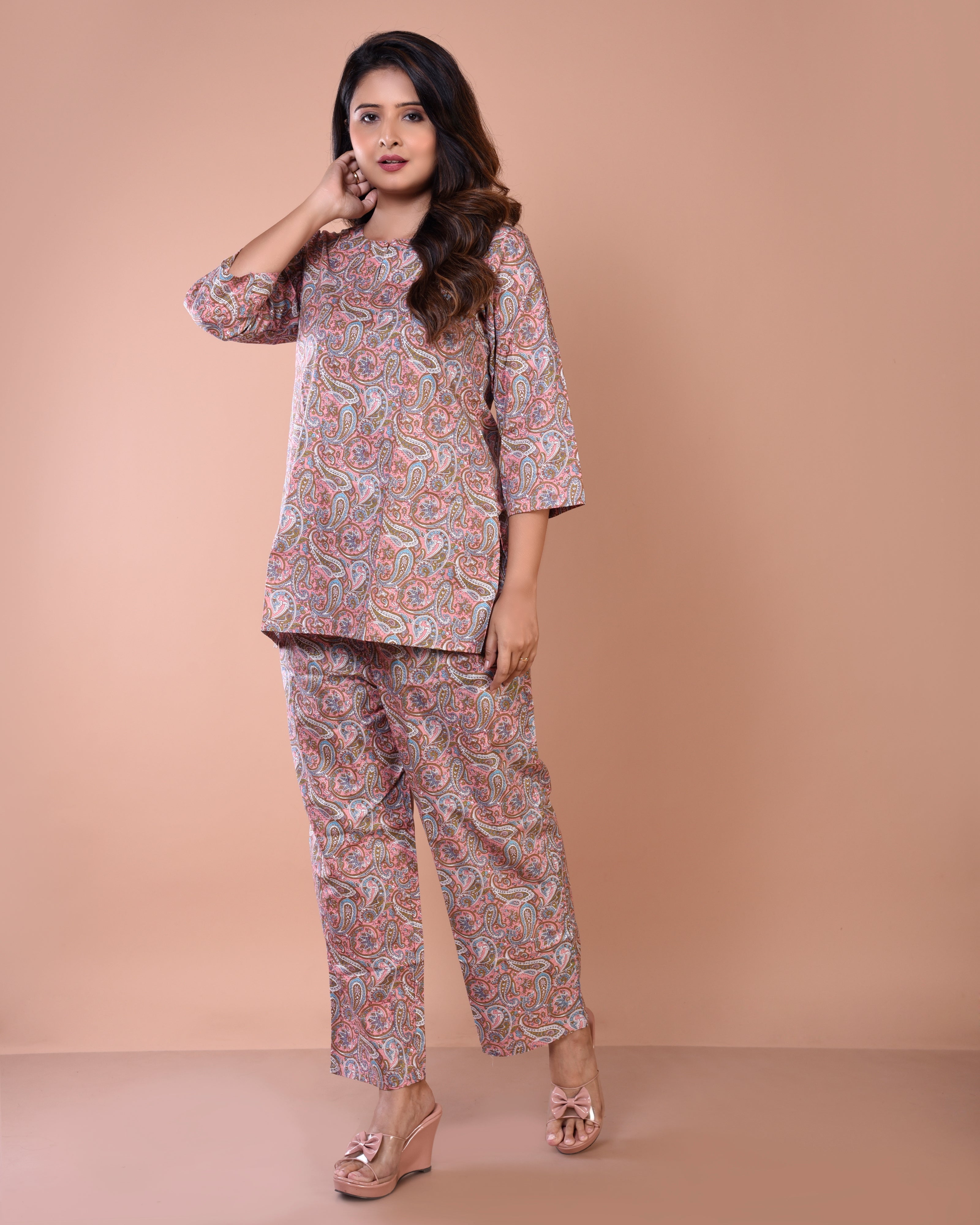 Peach Sanganeri Premium Print Cotton Loungewear