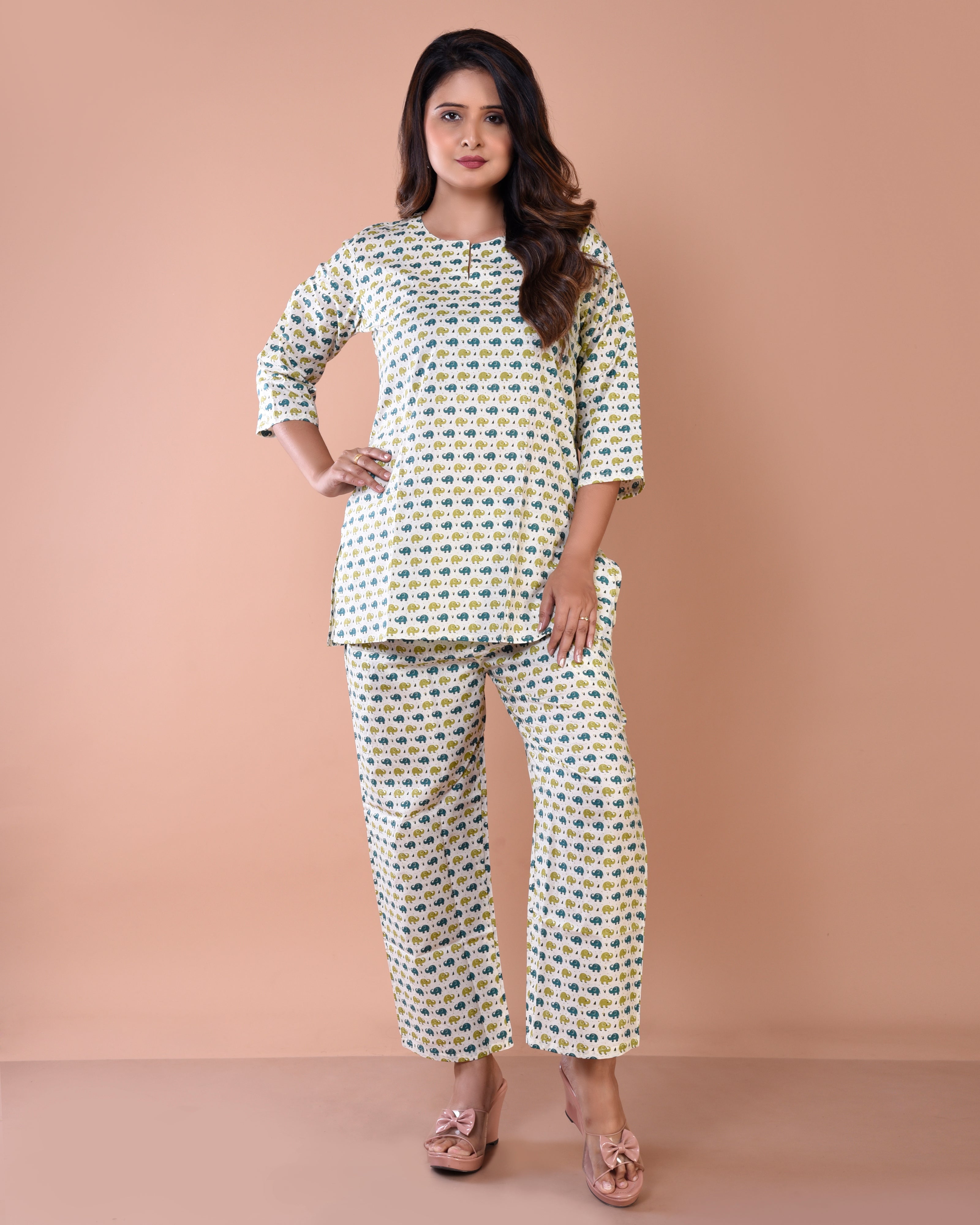 Elephant Printed Cream Premium Cotton Loungewear