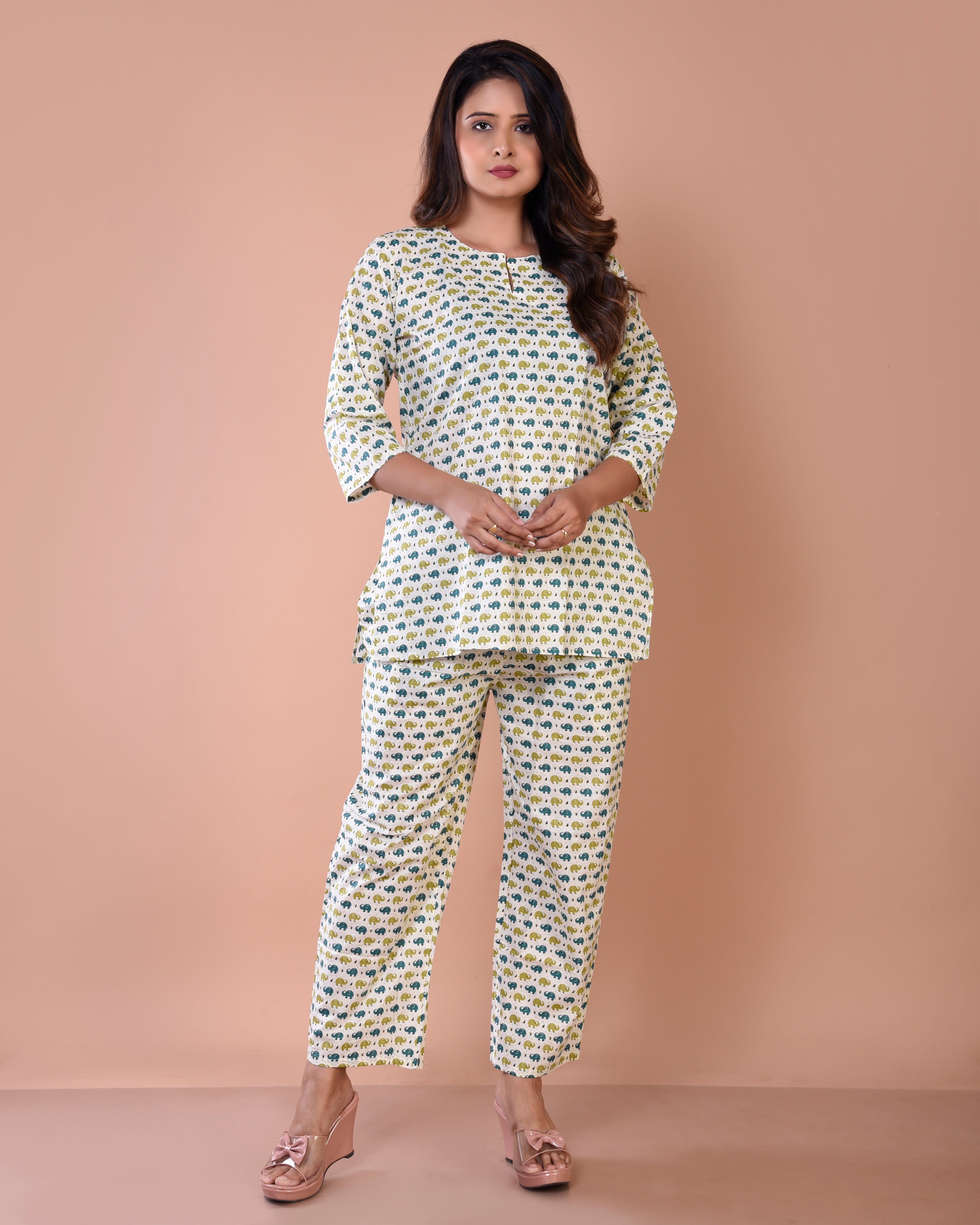 Elephant Printed Cream Premium Cotton Loungewear