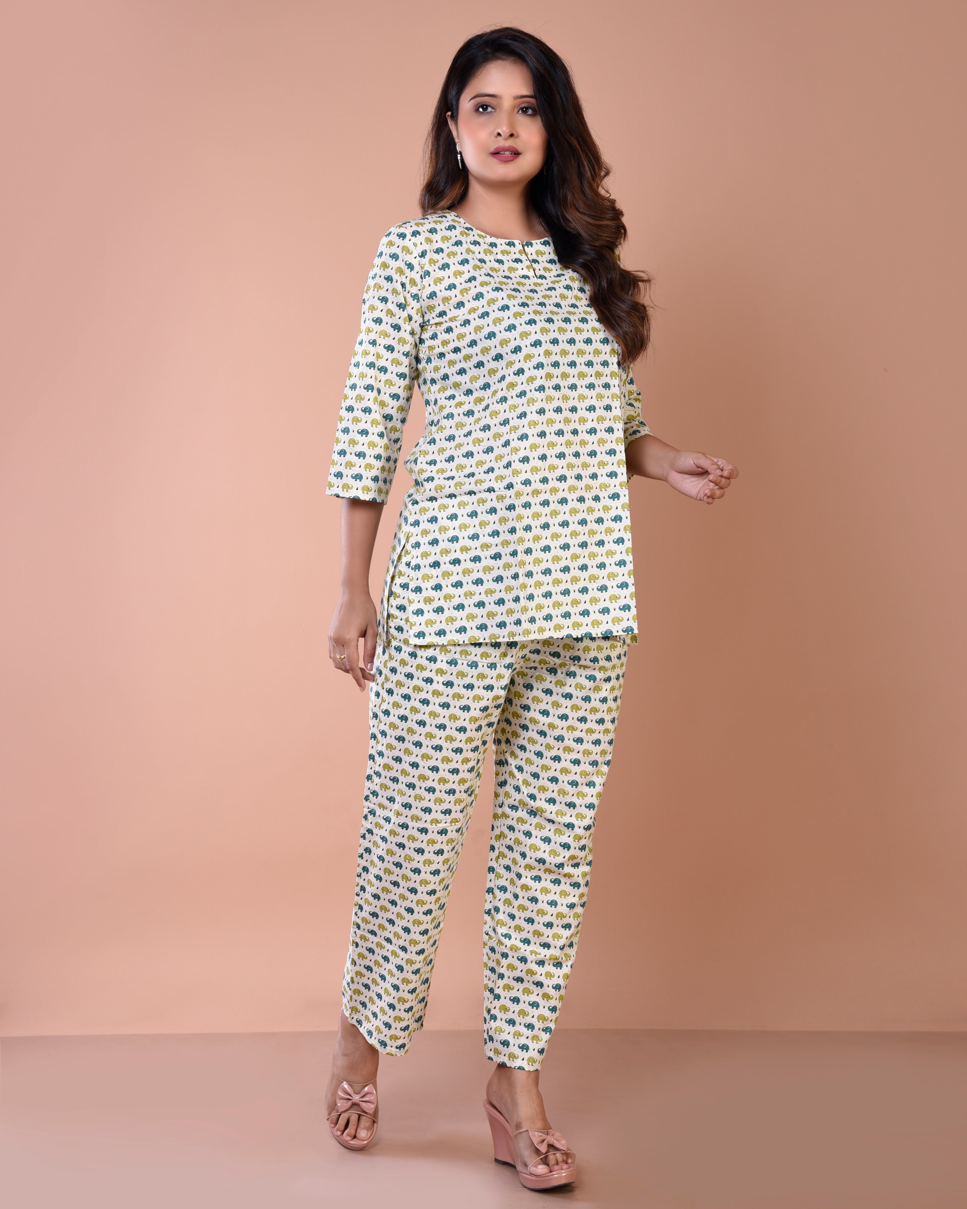 Elephant Printed Cream Premium Cotton Loungewear