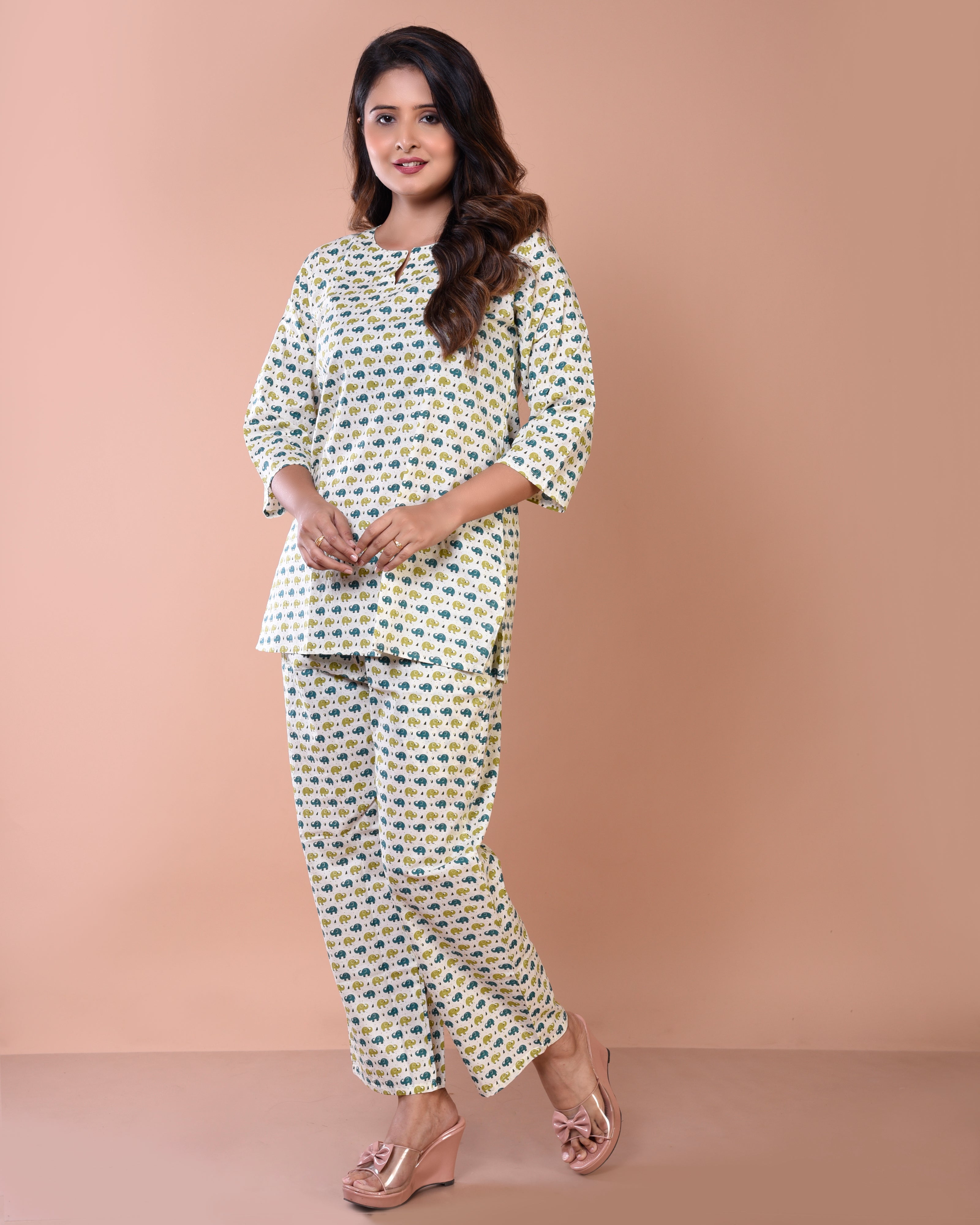 Elephant Printed Cream Premium Cotton Loungewear