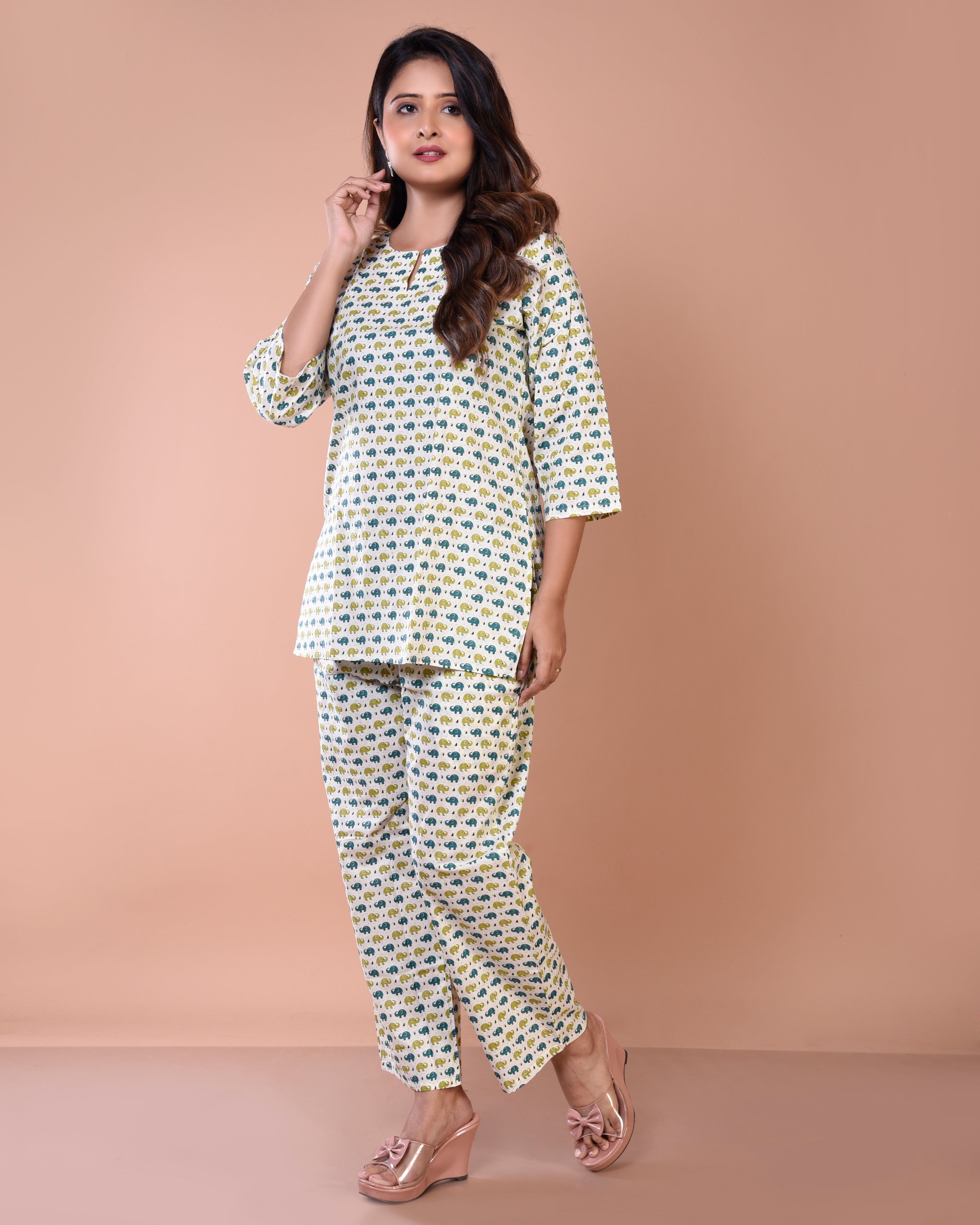 Elephant Printed Cream Premium Cotton Loungewear
