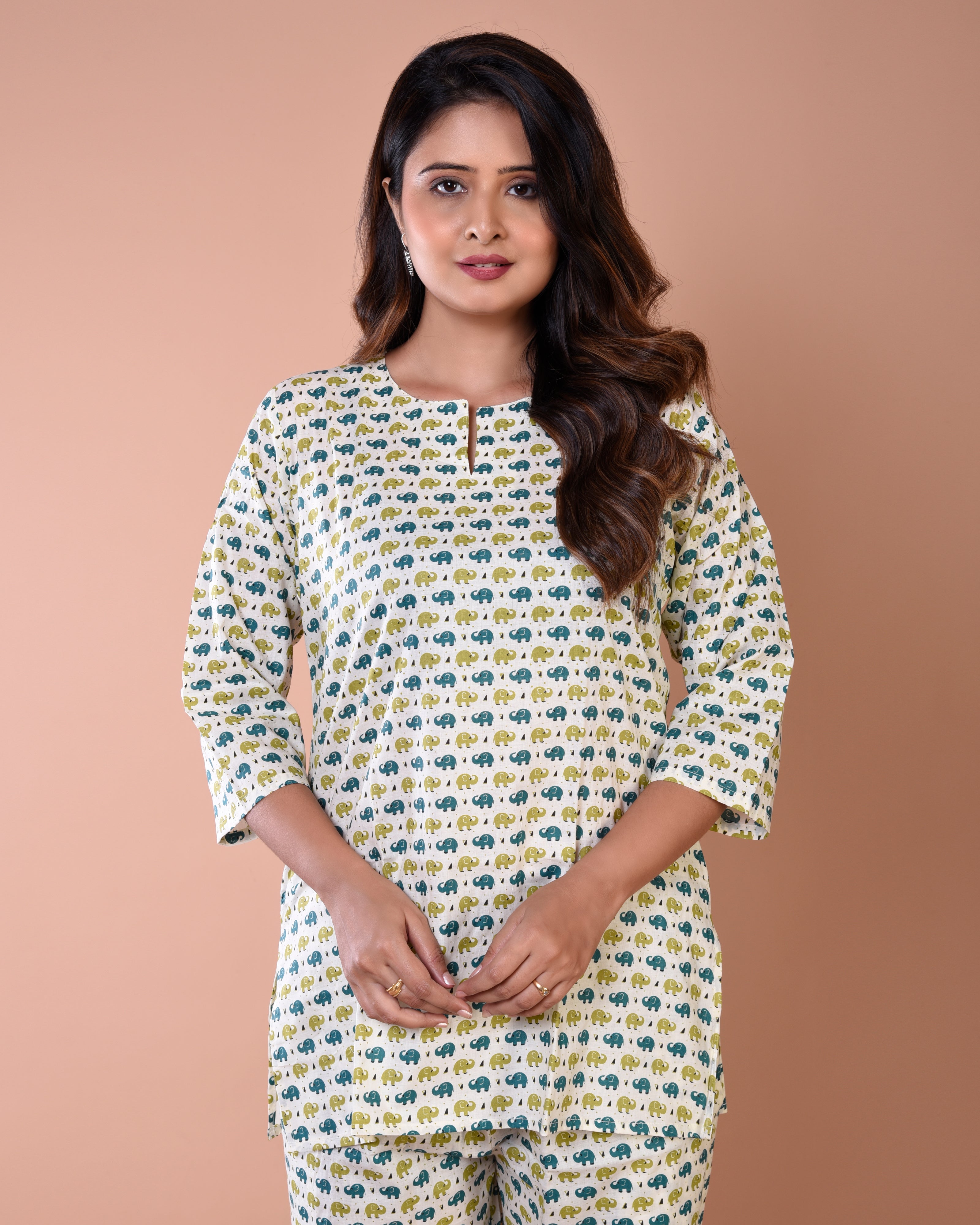 Elephant Printed Cream Premium Cotton Loungewear