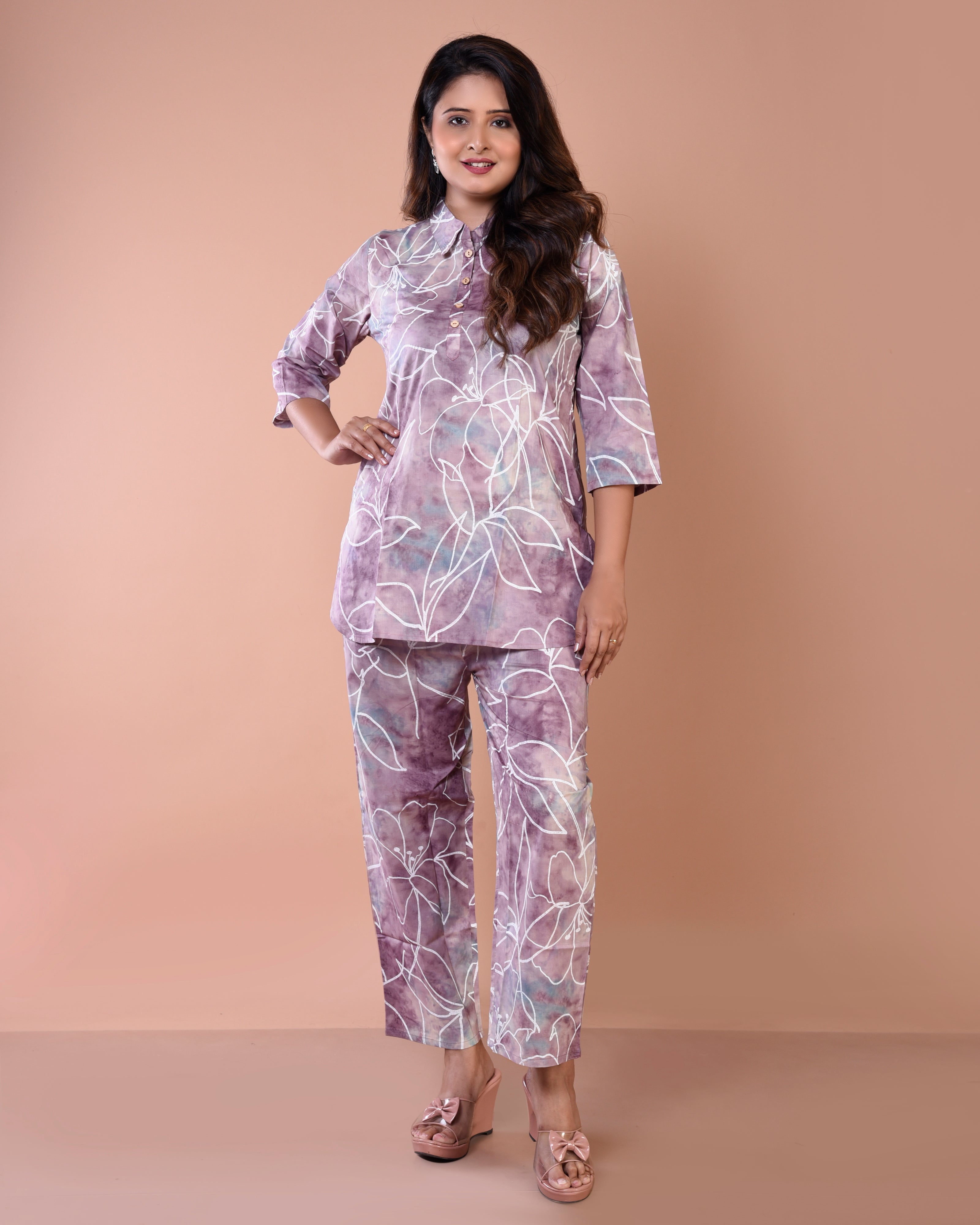 Plum White Premium Cotton Co-ord Sets