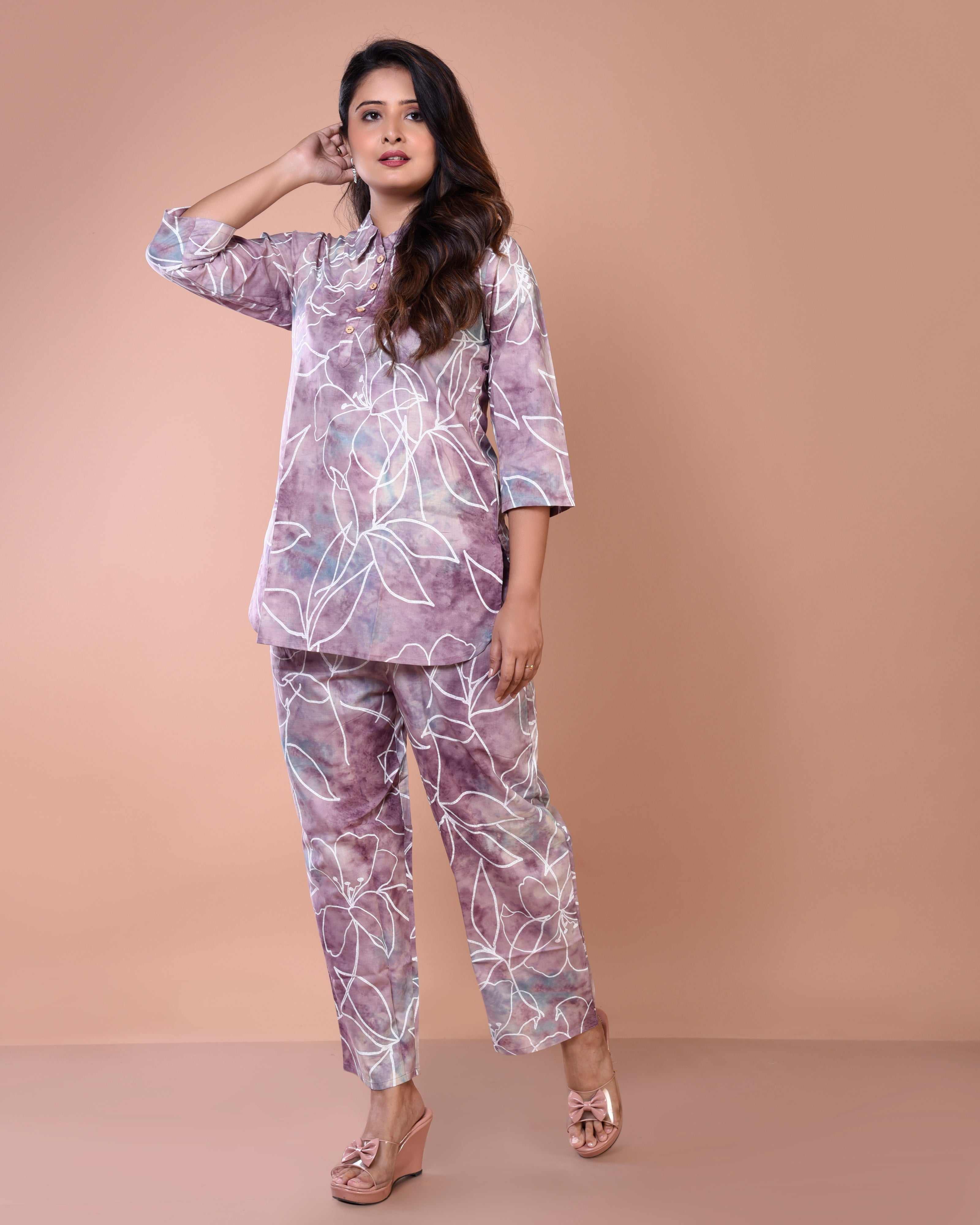 Plum White Premium Cotton Co-ord Sets