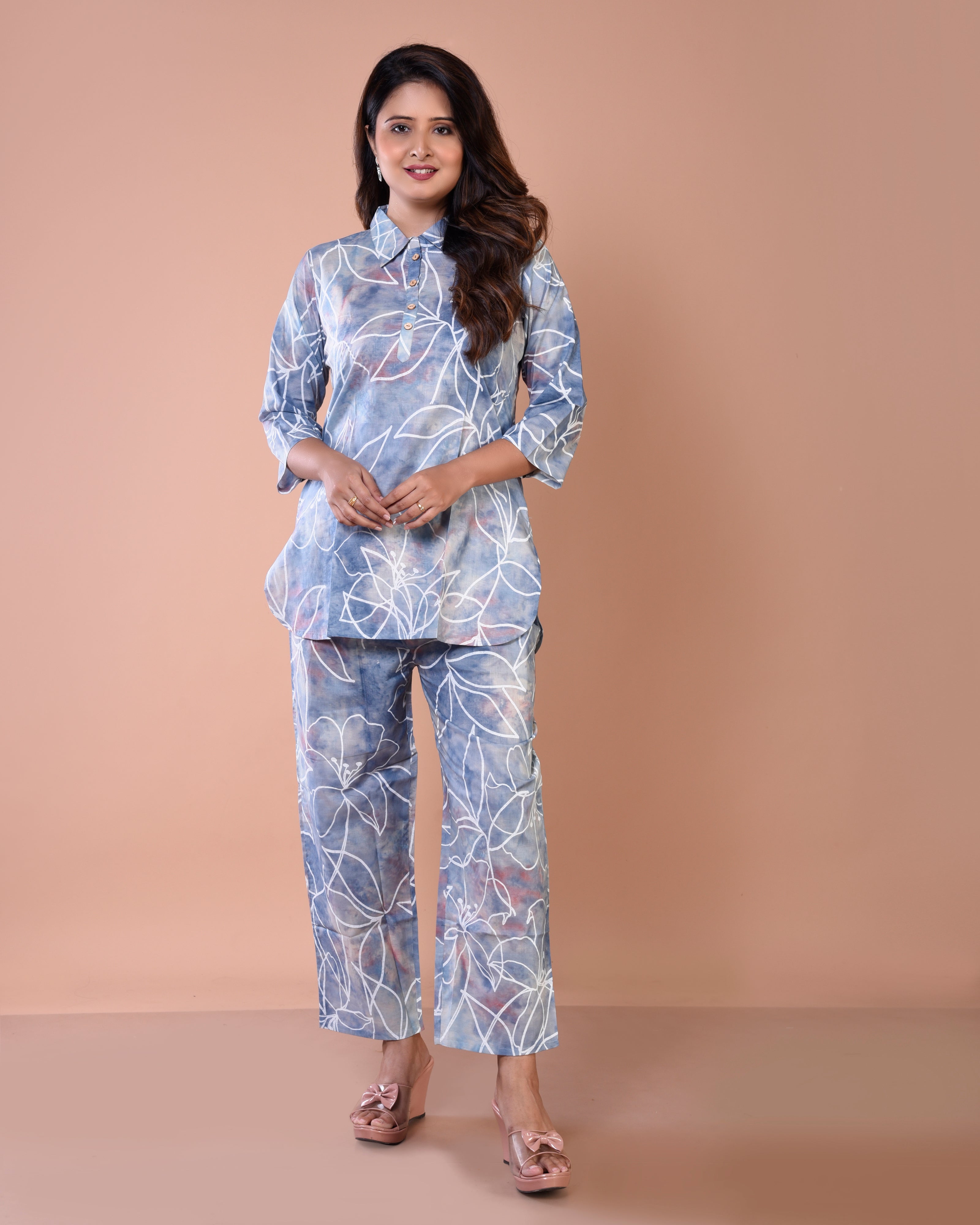 Smoky Greyish Blue Premium Cotton Co-ord Sets