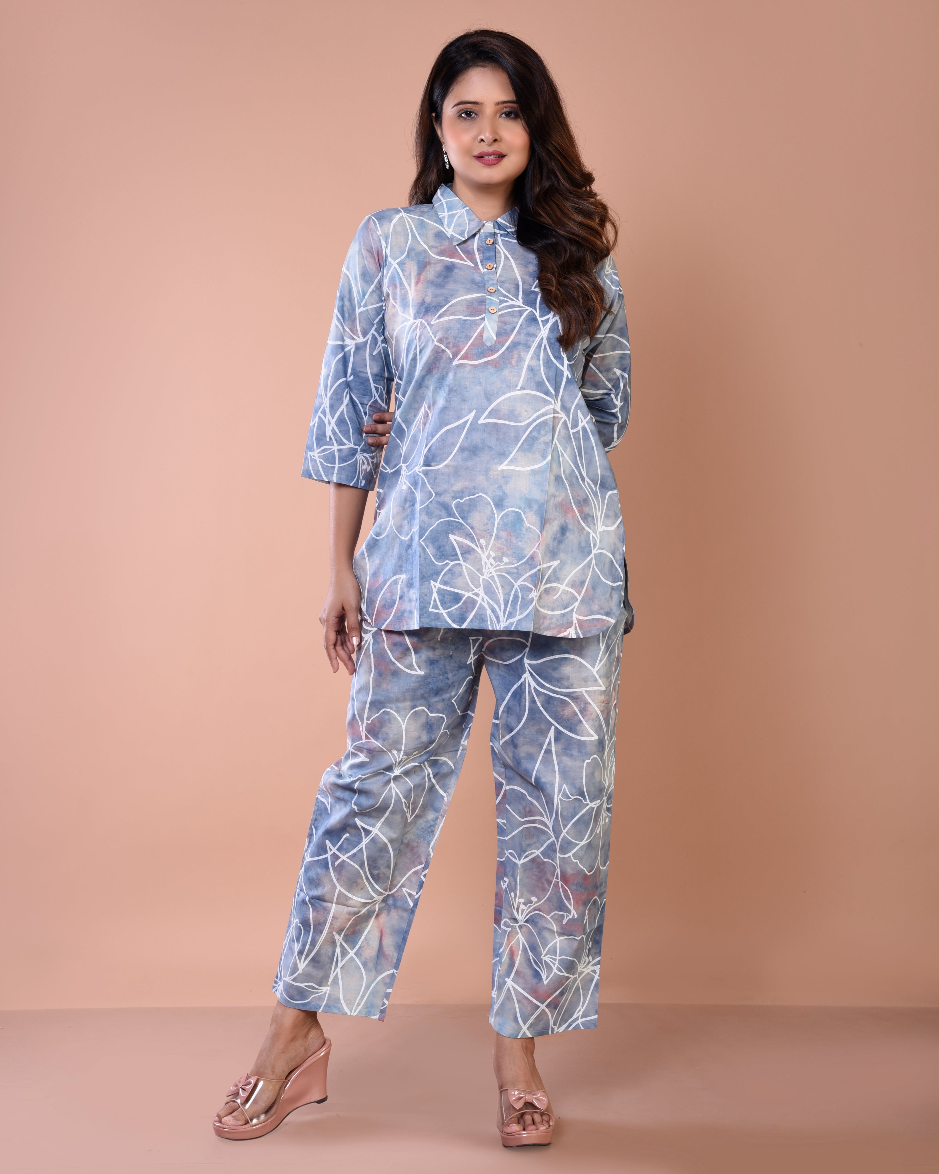 Smoky Greyish Blue Premium Cotton Co-ord Sets