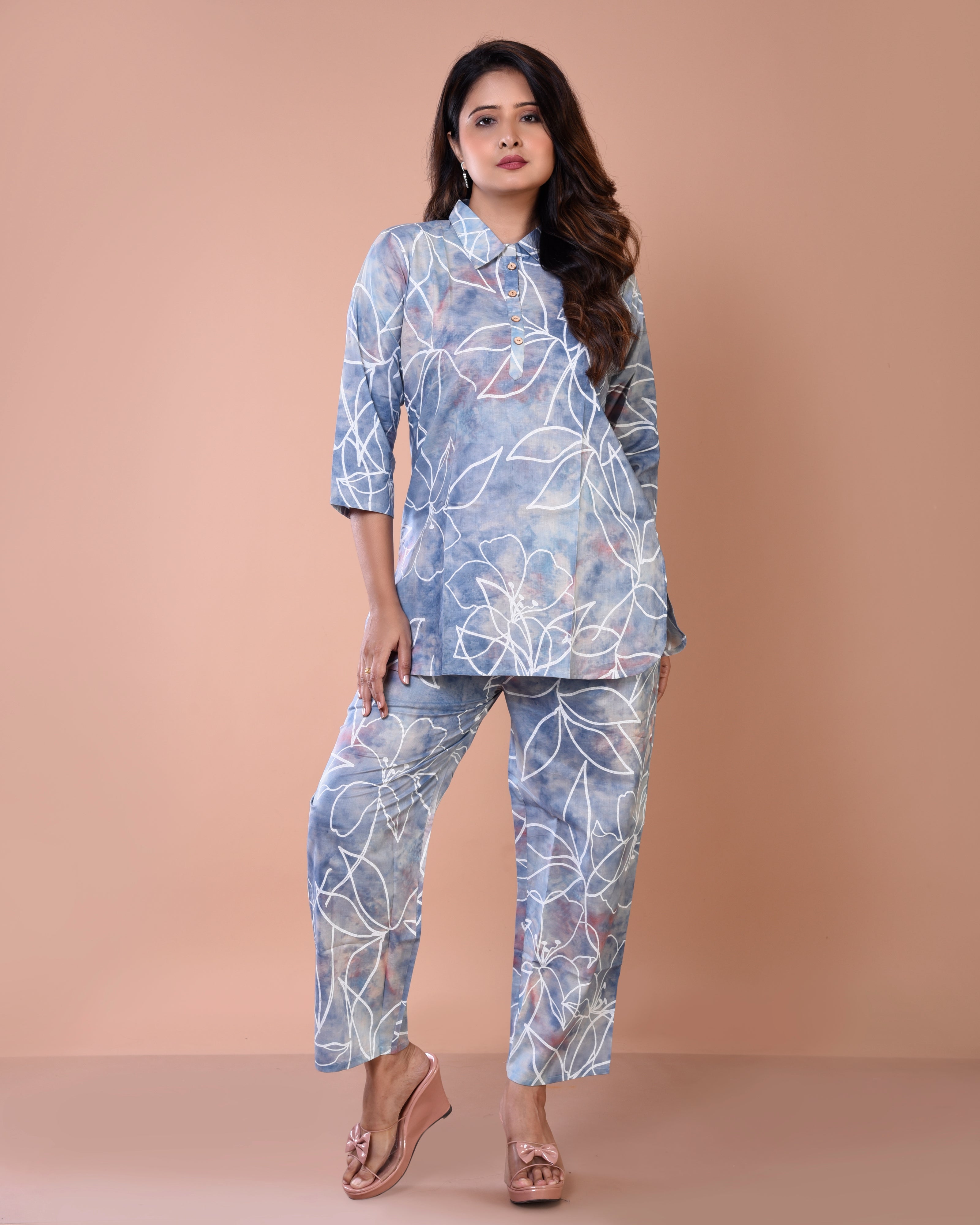 Smoky Greyish Blue Premium Cotton Co-ord Sets