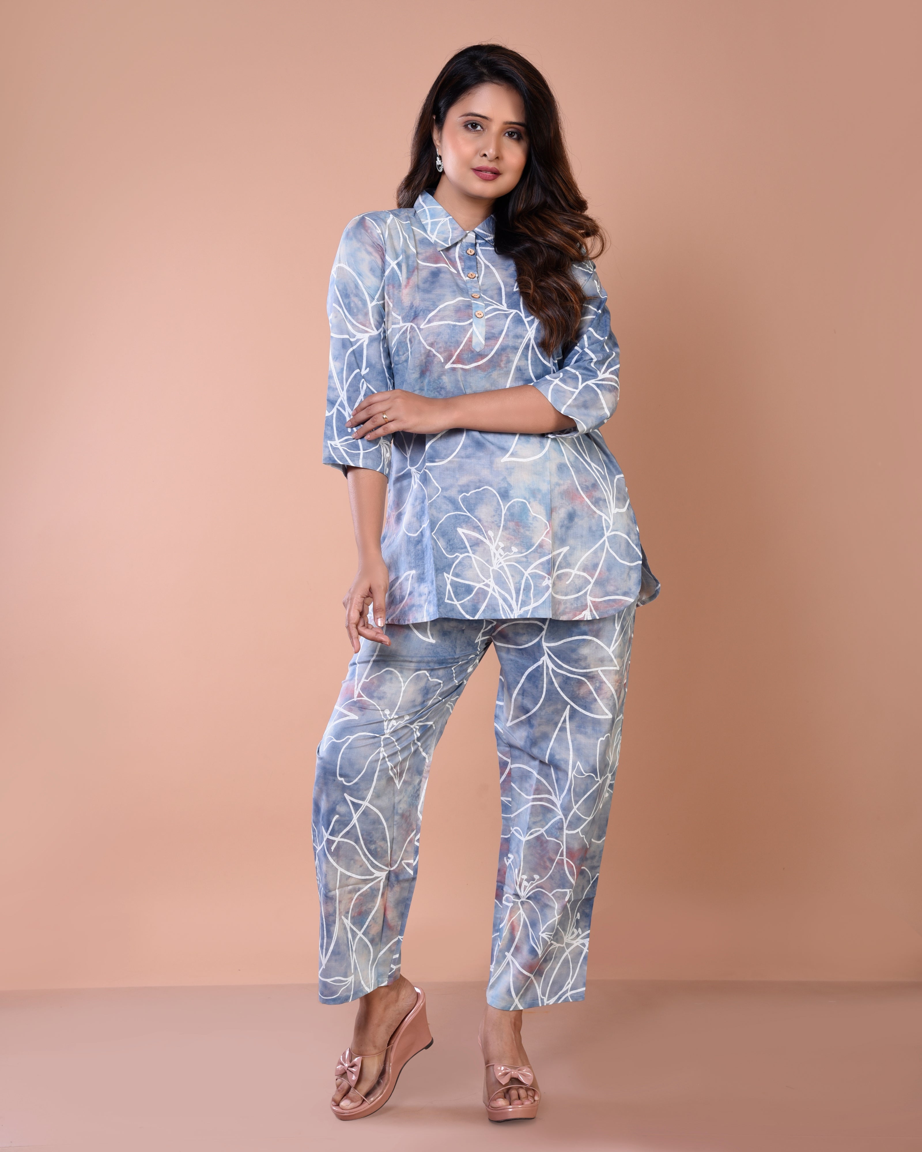 Smoky Greyish Blue Premium Cotton Co-ord Sets
