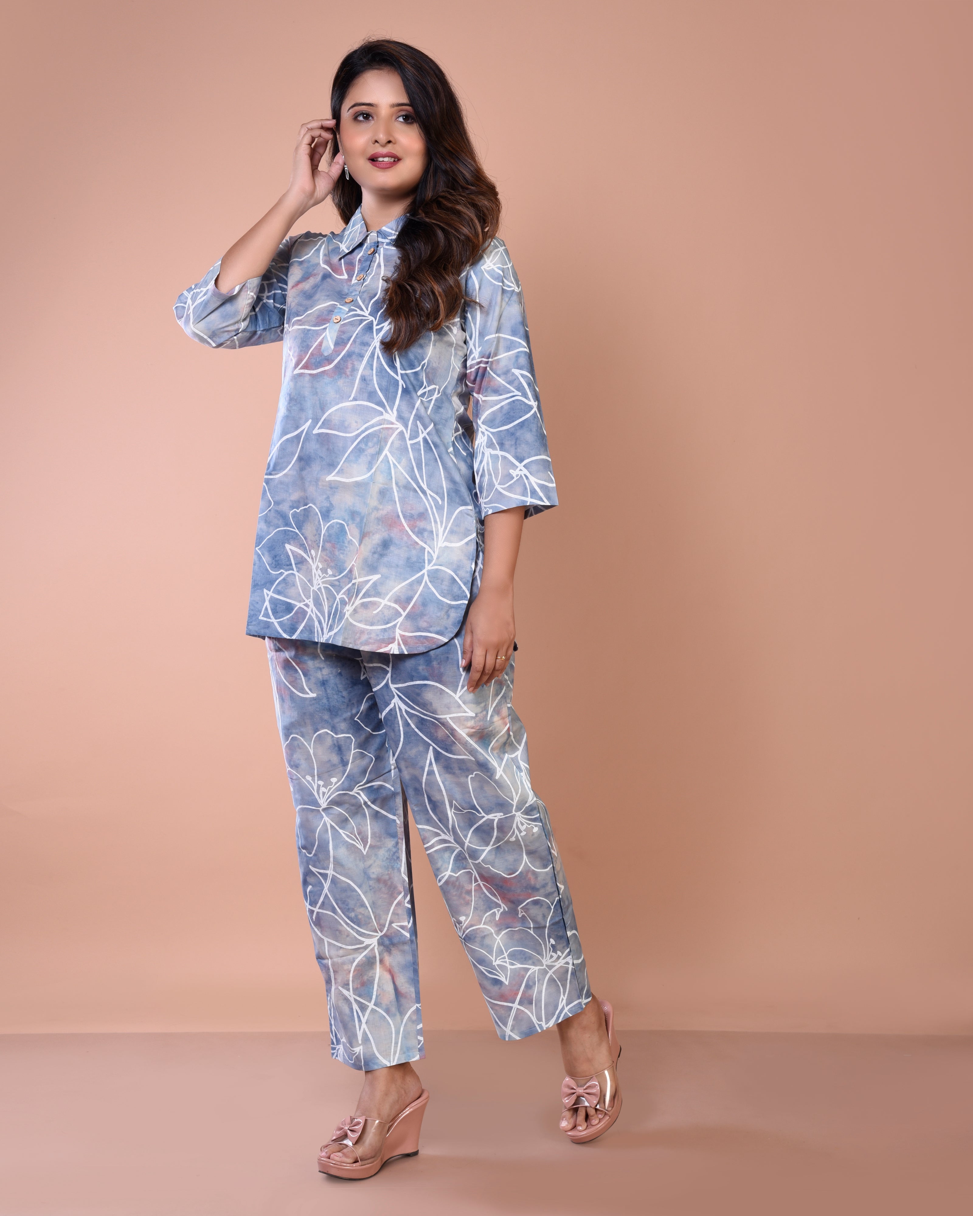 Smoky Greyish Blue Premium Cotton Co-ord Sets